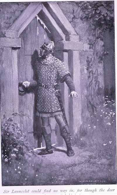 Sir Launcelot konnte keinen Weg hinein finden, denn obwohl die Tür alt und abgenutzt war, hielt sie fest von William Henry Margetson
