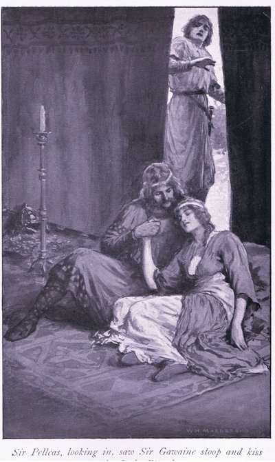Sir Pelleas, der hineinschaut, sah Sir Gawaine sich bücken und die Dame Ettard küssen von William Henry Margetson