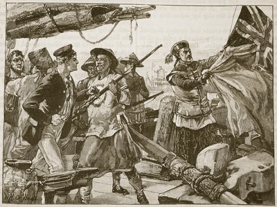 Chinesische Offiziere holen die britische Flagge auf der 