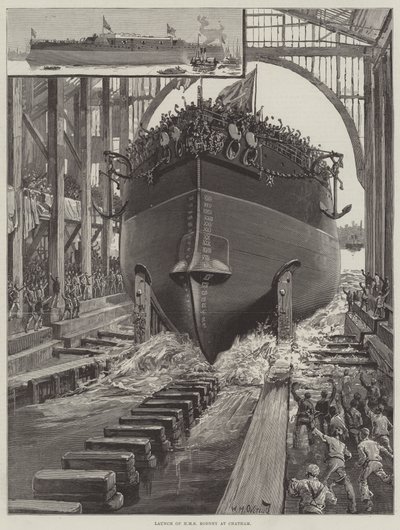 Stapellauf der HMS Rodney in Chatham von William Heysham Overend