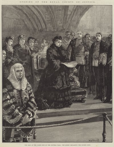 Eröffnung der Royal Courts of Justice, das Podium am Nordende der Zentralhalle, die Königin erklärt die Gerichte für eröffnet von William Heysham Overend