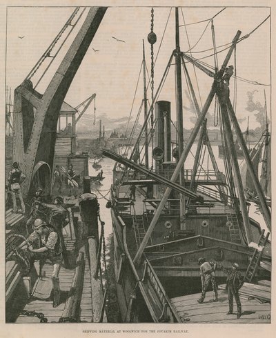 Materialverladung in Woolwich für die Souakim-Bahn (Stich) von William Heysham Overend
