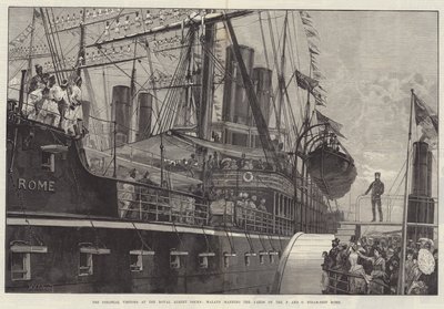 Die Kolonialbesucher an den Royal Albert Docks, Malaien bemannen die Masten des P und O Dampfschiffs Rom von William Heysham Overend
