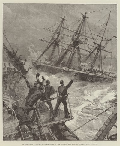 Der katastrophale Hurrikan in Samoa, Besatzung des amerikanischen Schiffes Trenton jubelt der HMS Calliope zu von William Heysham Overend