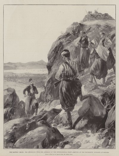 Die östliche Krise, der Bote der Admirale der internationalen Flotte erreicht die Vorposten der Aufständischen in Malaxa von William Heysham Overend