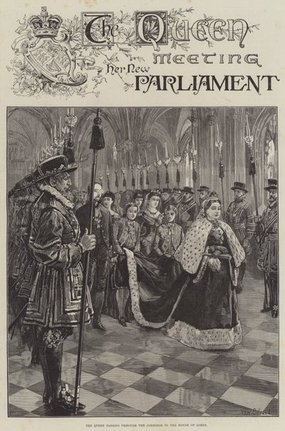 Die Königin trifft ihr neues Parlament, durch den Korridor zum House of Lords gehend von William Heysham Overend