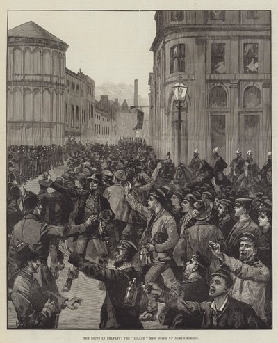 Die Unruhen in Belfast, die Inselmänner gehen die North-Street hinauf von William Heysham Overend