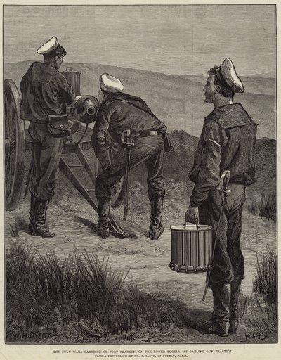 Der Zulukrieg, Garnison von Fort Pearson, am unteren Tugela, beim Gatling-Geschütz-Üben von William Heysham Overend