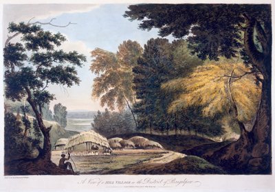 Bergdorf im Bezirk Bauhelepoor, 1787 (Aquatinta) von William Hodges