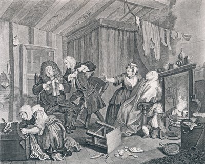 Der Lebensweg einer Dirne, Tafel Fünf: Stirbt, während die Ärzte streiten, 1732 von William Hogarth