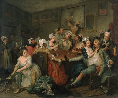 Der Lebensweg eines Wüstlings III: Der Wüstling in der Rose-Taverne von William Hogarth