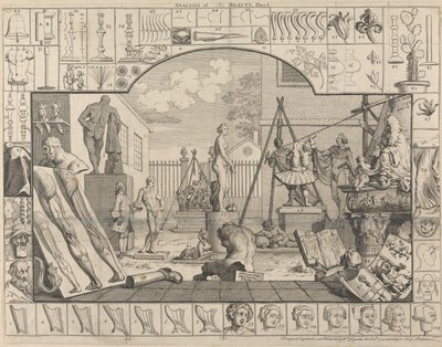 Analyse der Schönheit, Platte I: Ein Bildhauerhof von William Hogarth