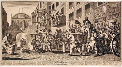 Verbrennen der Rümpfe am Temple Bar von William Hogarth