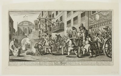 Verbrennung der Rümpfe am Temple Bar, Tafel elf aus Hudibras von William Hogarth