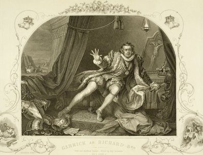David Garrick als Richard III, Akt V Szene 3, im Stück von William Shakespeare, graviert von Portbury von William Hogarth