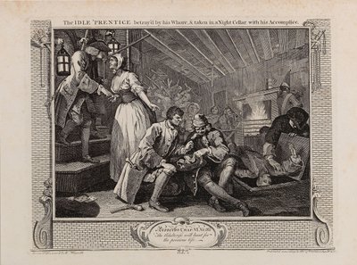 Der faule Lehrling wird von seiner Hure verraten und mit seinem Komplizen in einen Nachtkeller gebracht, 1747 von William Hogarth