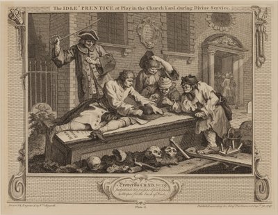 Der faule Lehrling beim Spielen auf dem Kirchhof während des Gottesdienstes von William Hogarth