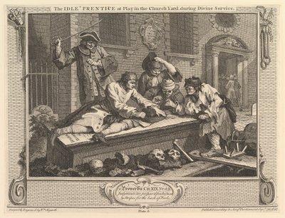 Der faule Lehrling beim Spielen auf dem Kirchhof: Fleiß und Faulheit, Tafel 3, 30. September 1747 von William Hogarth