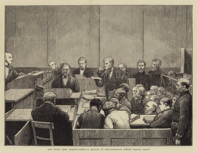Die Hyde Park Verfolgungen, eine Skizze im Marlborough Street Police Court von William III Bromley