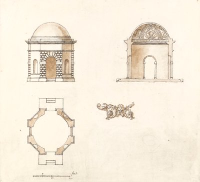 Achteckiger Tempel im Shotover Park, Oxfordshire: Plan, Schnitt und Erhebung von William Kent