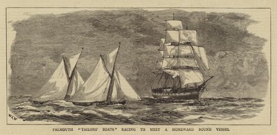 Falmouth Schneiderboote, die einem heimkehrenden Schiff entgegenrennen von William Lionel Wyllie