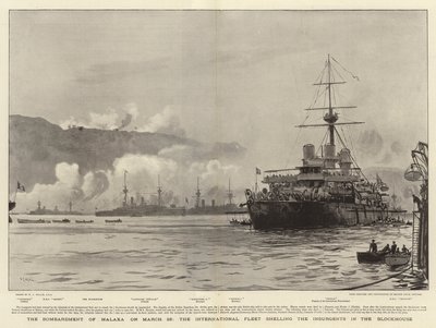 Die Bombardierung von Malaxa am 23. März, die internationale Flotte beschießt die Aufständischen im Blockhaus von William Lionel Wyllie