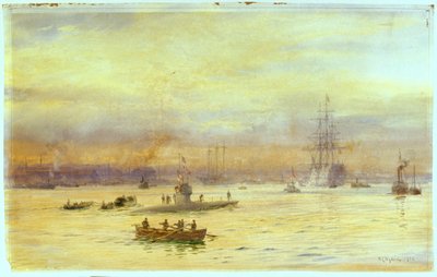 Dieser Blick zeigt den Hafen auf der Gosport-Seite, wo ein U-Boot einfährt, mit einem weiteren davor. von William Lionel Wyllie