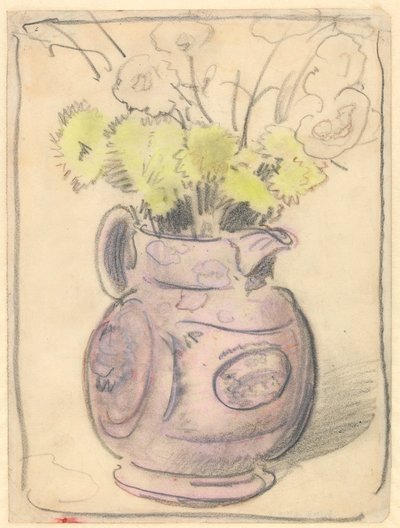 Blumenvase: gelbe Chrysanthemen in einem Glanzkrug von William Nicholson