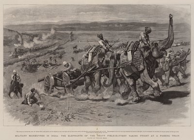 Militärmanöver in Indien, die Elefanten der schweren Feldbatterie erschrecken vor einem vorbeifahrenden Zug von William Small