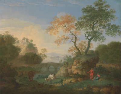 Eine Landschaft mit fernen klassischen Ruinen, einer Brücke, Figuren und Vieh von William Smith