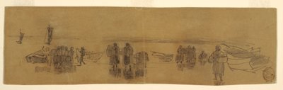 Strand mit vier Fischerbooten, Cullercoats, England, 1881–82 von Winslow Homer