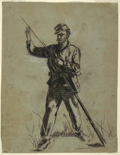 Zeichnung, Kavalleriesoldat lädt ein Gewehr, 1863–64 von Winslow Homer