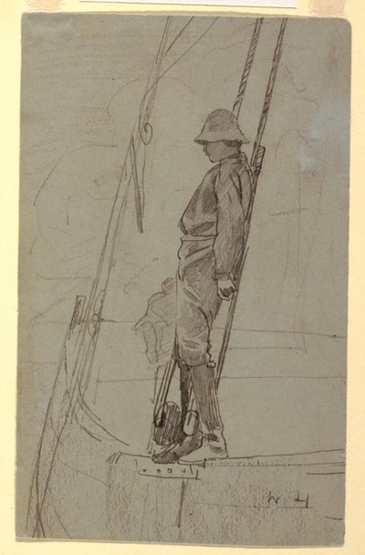 Zeichnung, Junger Mann lehnt an Segelboot-Rigg, wahrscheinlich 1861–62 von Winslow Homer