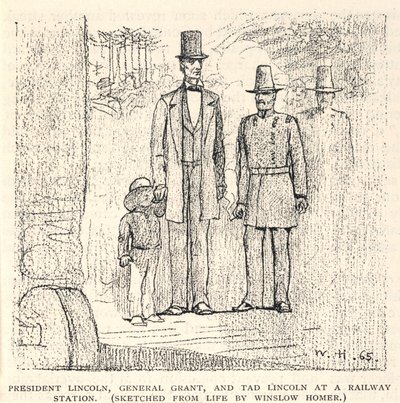 Präsident Lincoln, General Grant und Tad Lincoln an einem Bahnhof, aus The Century Magazine, November 1887 von Winslow Homer