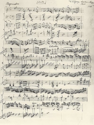 Beginn der Klaviersonate A-Moll. KV310. Autograph von Wolfgang Amadeus Mozart