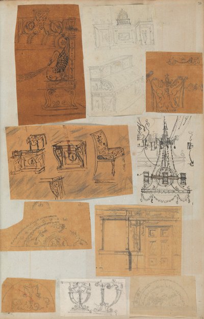Seite aus einem Sammelalbum mit Zeichnungen und mehreren Drucken von Architektur, ca. 1800-1850. Schöpfer: Werkstatt von Charles Percier, Werkstatt von Pierre François Léonard Fontaine von Workshop of Charles Percier, Workshop of Pierre