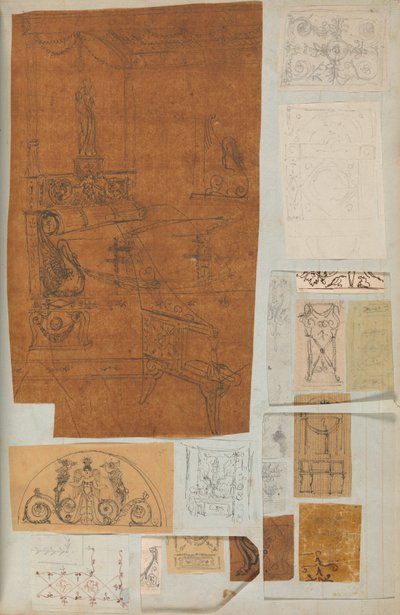 Seite aus einem Sammelalbum mit Zeichnungen und mehreren Drucken von Architektur, ca. 1800-1850. Schöpfer: Werkstatt von Charles Percier, Werkstatt von Pierre François Léonard Fontaine von Workshop of Charles Percier, Workshop of Pierre