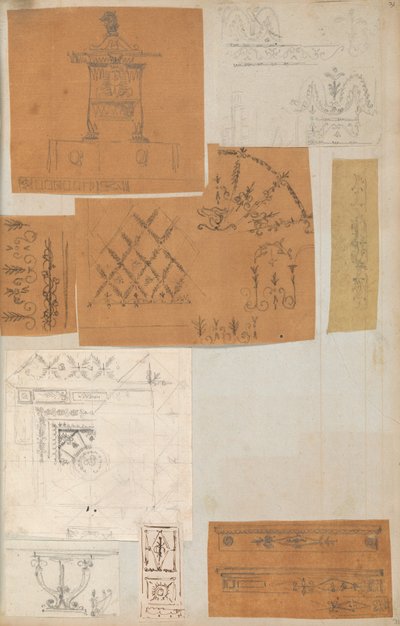 Seite aus einem Sammelalbum mit Zeichnungen und mehreren Architekturabdrücken, ca. 1800-1850. Schöpfer: Werkstatt von Charles Percier, Werkstatt von Pierre François Léonard Fontaine von Workshop of Charles Percier, Workshop of Pierre