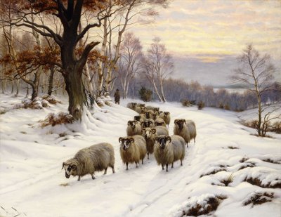 Ein Hirte und seine Herde auf einem Pfad im Winter von Wright Barker