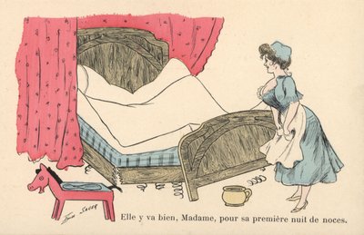 Dienstmädchen räumt ein abgenutztes Bett auf von Xavier Sager