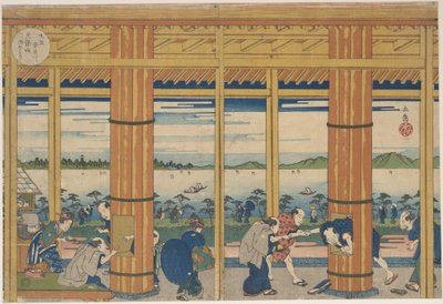 Regenschutz am Ufer der Bucht von Tempozan von Yashima Gakutei