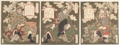 Die drei Helden von Shoku (Shu): Kaiser Ryubi (Liu Fei) und seine Freunde Kwan-u (Kwan Yu) und Chohi (Chang Fei) von Yashima Gakutei
