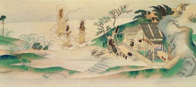 Amitayus Buddha und zwei Bodhisattvas besuchen den Mönch Honen (geb. 1132), Illustration veröffentlicht in der Zeitschrift Tokka im März 1902 von Yoshimitsu Tosa