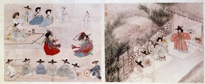 Koreanische Kunst: Kampfszene von Frauen, Szene aus dem täglichen Leben. Drucke von Sin Yun Bok (oder Hyewon, 1758). 18. oder 19. Jahrhundert. Hyung Pil Chun Sammlung von Yun bok Sin