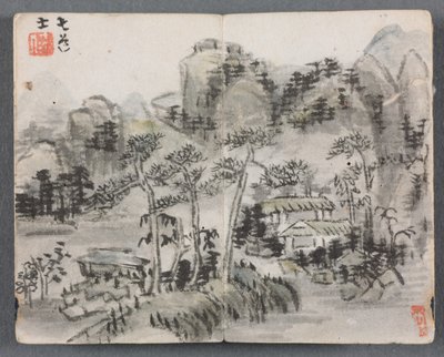 Miniaturalbum mit Figuren und Landschaft (Landschaft mit zwei Gebäuden) von Zeng Yandong