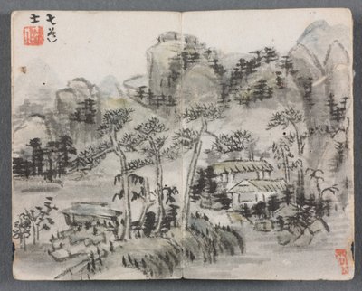 Miniaturalbum mit Figuren und Landschaft: Landschaft mit zwei Gebäuden von Zeng Yangdong