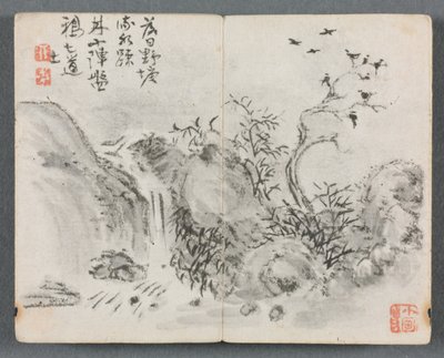 Miniaturalbum mit Figuren und Landschaft, Wasserfalllandschaft, 1822 von Zeng Yangdong
