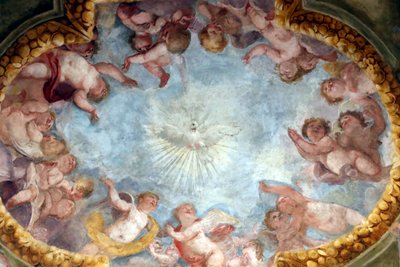 Heiliger Geist und Engel. Fresko. Basilika Santa Maria delle Vigne. Genua. Italien. von . .