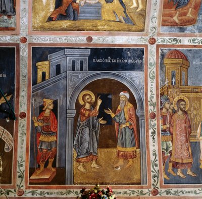 Jesus spricht zu Pontius Pilatus, freskierte Gewölbe mit Szenen aus dem Leben Jesu, Mikro Sotiris Kloster, Insel Symi, Griechenland von Georg Carl Heinrich Dollmann
