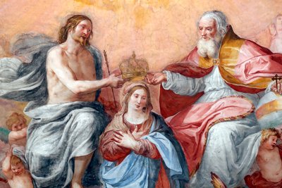 Die Krönung der Jungfrau. Fresko. Die Basilika della Santissima Annunziata del Vastato. Genua. Italien. von . .